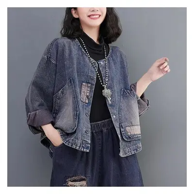 (blue, XL) Denim Suit Jacket Women&apos;s Spring And Autumn Literary Retro Denim Top Loose Casua