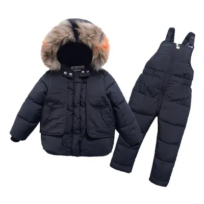 (black, 110(4T)) 2pcs Set Winter Children&apos;s Down Jacket Real Fur Collar Baby Girl Clothes W