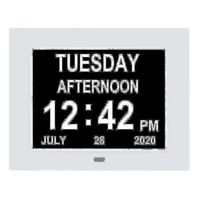 (White) Digital Dementia Clock Calendar Clock Day Date Clock Large Display Large Clear Unabbrevi