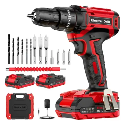 Cordless Hammer Drill with 2000mAh Batteries, 42N.m Max Power Drill Driver Set, 25+3 Torque, Spe