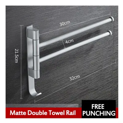 (Matte double towel rack) Aluminum Wall Mount Towel Rail Rack Rotatable Holders 2/3/4/5 Storage 