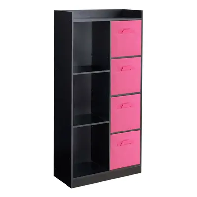 (Black, Dark Pink) Bookcase with Fabric Drawers | Cube Wooden Unit