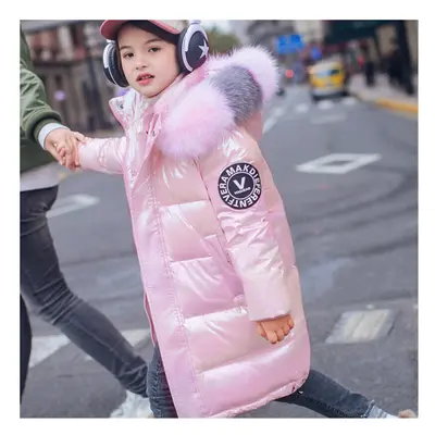 (Pink, 7-8yrs) Keep Warm Winter Jacket Girls Coat Fashion Waterproof Shiny Hooded Children Outer