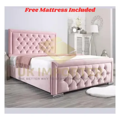 (Small Double 4FT, Pink(with Gaslift Storage)) Luxury Hilton Bed Bumper Bar Bed Frame Velvet Che