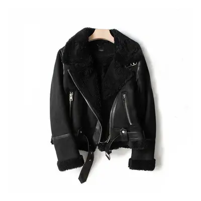 (Black, S) WInter Lapel Jacket Suede Lamb Wool Warm Coat Motorcycle Clothing Women Outwears