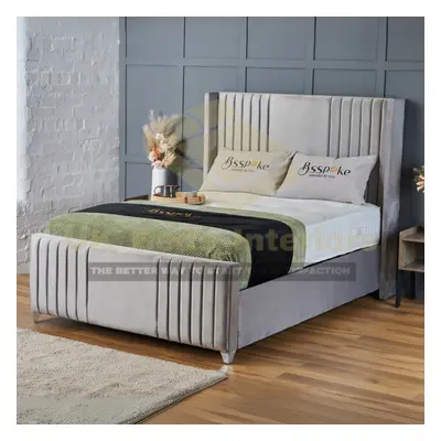 (Grey(with Mattress), 6ft Super King(without Gaslift)) Plush Velvet Upholstered Bed Frame Winged