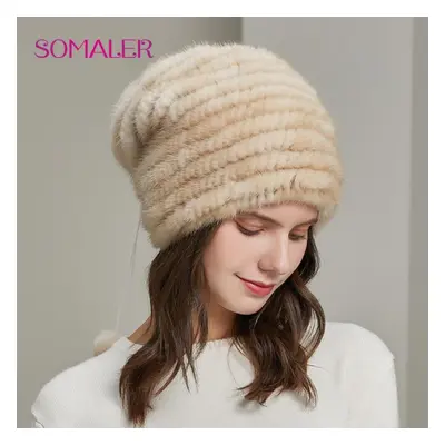 (beige) Somaler Winter Mink Fur Hats For Women Warm Loose Casual Girls Slouchy Beanie For Cold W