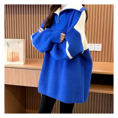 (blue, One Size) Dimanaf Sweaters Winter Autumn Oversize Women Zipper Pullover Full Sleeve Knitt