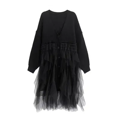 (black, One Size) Xitao V-neck Patchwork Gauze Knitting Dress Dmj3562