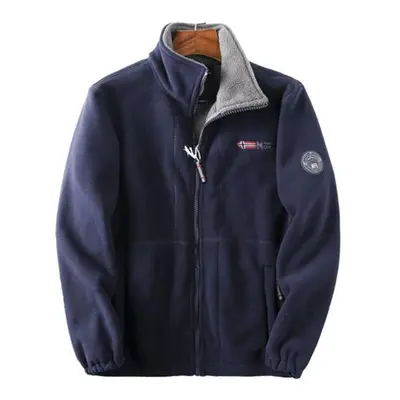 (navy blue, L) Men Winter Fleece Jacket With Pocket Long Sleeve Stand Collar Zip Up Thick Warm H