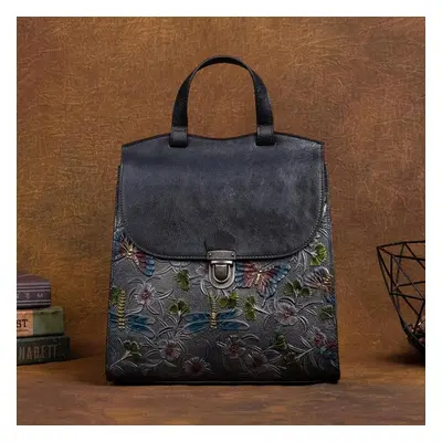 (gray) Johnature Vintage Embossed Backpack Genuine Leather Women Bag Chinese Style Floral Natura