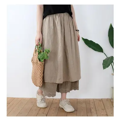 (One Size, khaki) Johnature Japan Style A-line Summer High Waist Loose Female Vintage Skirts