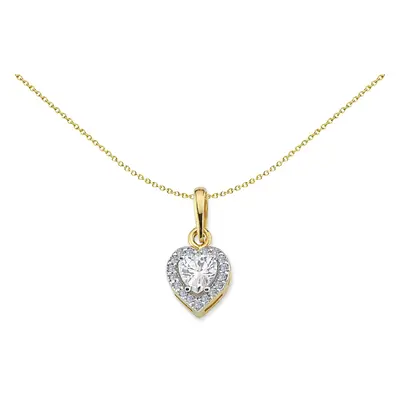 Jewelco London Ladies 2-Colour 9ct Gold Heart CZ Love Heart Solitaire Halo Pendant Necklace inch