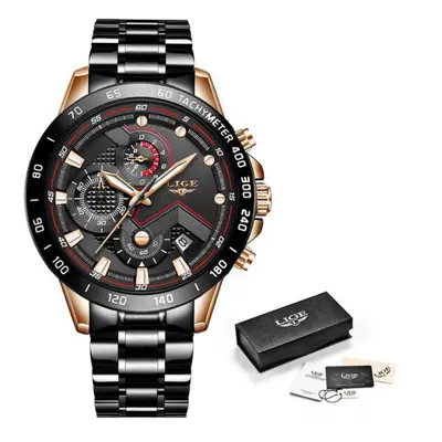 (Gold Black) Lige Luxury Fashion Sports Chronograph Quartz Men Watch