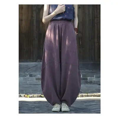 (purple, M) Johnature Women Vintage Bloomers Pants Solid Color Patchwork Elastic Waist Spring Tr