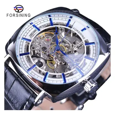 (blue) Forsining Leather Strip Luxury Gold Clock Transparent Skeleton Men Automatic Mechanical W