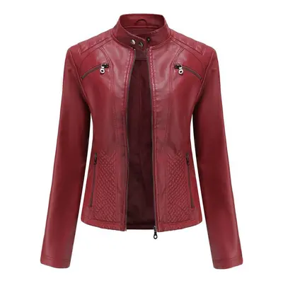 (burgundy, S) Ladies Autumn Winter Stand Collar Long Sleeve Slim Leather Pu Jacket S-3xl