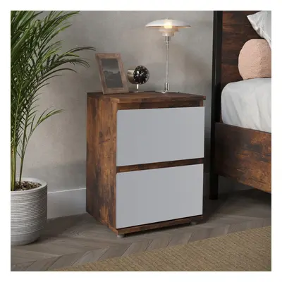 (Rustic Brown Carcass + Grey Drawers) Drawer Wooden Bedside Cabinet No Handle Drawer Storage