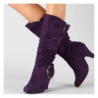 (purple, 38) Women Mid Calf Boots Round Toe Block Mid Heels Pleated Buckle Zipper Ladies Fashion