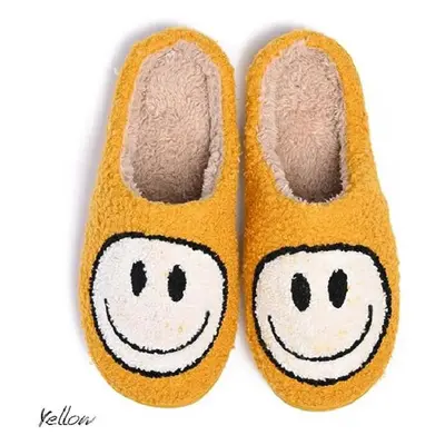 (yellow,beige, 40-41) Cute Smile Face Slippers, Retro Soft Plush Furry Fluffy Indoor Outdoor Sho