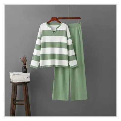 (green, One Size) Two-piece Sets Vintage Elegant V-neck Long-sleeved Contrast Striped Knit Sweat