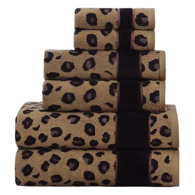 (Brown,gold) Piece Towel Set - Animal Print Safari 100% Cotton Jacquard Trim Bathroom Towel Set 