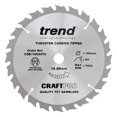 Trend CSB/16524T Craft Pro saw blade - 165mm diameter 5/8in bore 24tooth TCT for cordless saws, 