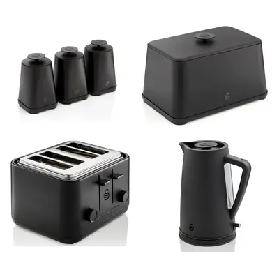 Swan Stealth Black Kettle Toaster Breadbin & Canisters Kitchen Set