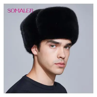 (black, L) Somaler Winter Earflap Hats For Men Mink Fur Hats Fur Protect Ears And Neck Ushanka G