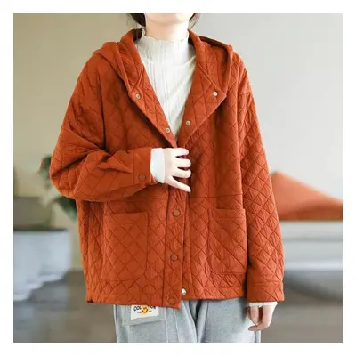 (orange, XXL) Autumn And Winter Ladies Literary Retro Solid Color Hooded Quilted Loose All-match