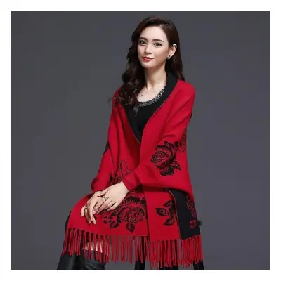 (red, One Size) New Cashmere Tassel Poncho Shawl Dual-purpose Scarf Women Knitted Sweater Top Re