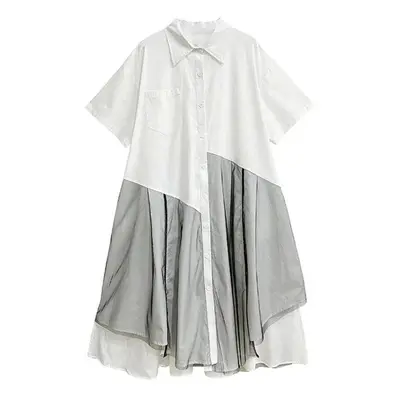 (white, One Size) Xitao Gauze Patchwork Short Sleeve Shirt Dress Zy8658