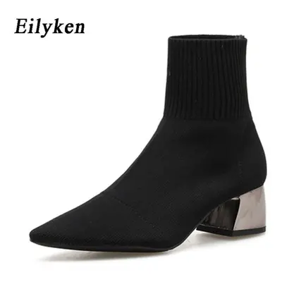 (black, 35) Eilyken Fashion Knitted Stretch Fabric Sewing Women Ankle Boots High Heels Square He