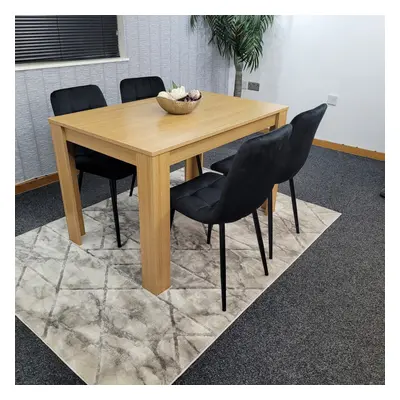 Dining Table Set Wooden Oak Table and Tufted Velvet Black Chairs