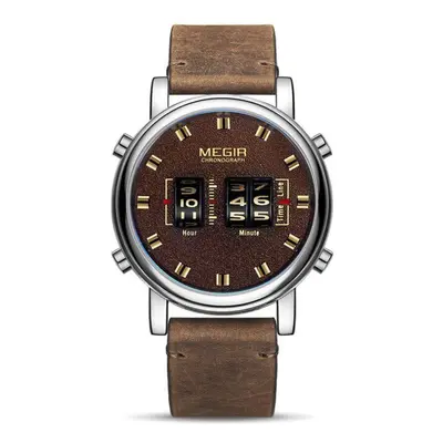 (silver,brown) Megir New Fashion Mens Watches With Leather Strap Top Brand Luxury Sports Quartz 