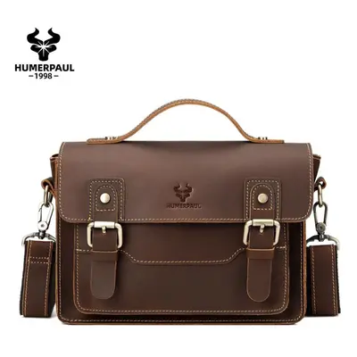 (Brown) HUMERPAUL Men Leather Briefcase Large-capacity Shoulder Bag Multifunctional Sports Bag