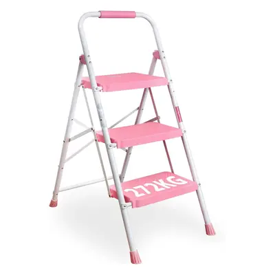 (3-Step, Pink) Step Ladder, Capacity 272KG with Wide Anti-Slip Pedals, Folding Steel Step Stool,