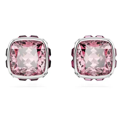 Birthstone Rhodium Plated Pink Square Cut October Stud Earrings