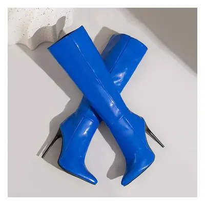 (blue, 44) Red Blue Women Knee High Boots High Heel Big Size