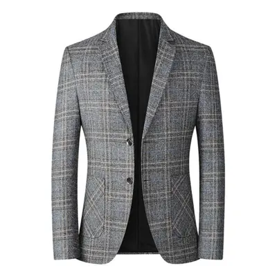 (gray, XXXXL) Spring Autumn Blazers Men Slim Fit British Plaid Formal Suit Jacket Party Wedding 