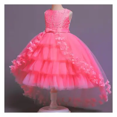 (watermelon red, 130) Baby Lace Princess Dress For Girl Elegant Birthday Party Trailing Dress Ba