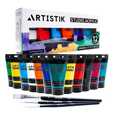 Studio Acrylic Paints - x 75ml Acrylic Paint Tube Set with Brushes - Premium Student Quality Hig