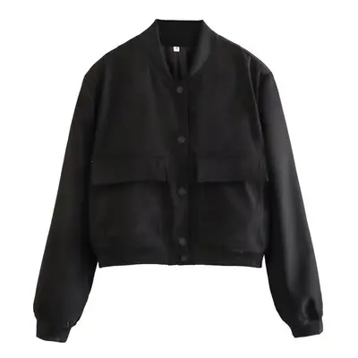 (S, black) Fashion Woman Bomber Jackets for Women Spring Autumn Female Long