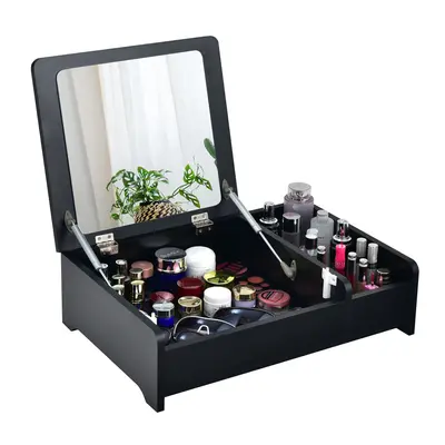 Desktop Makeup Organizer Cosmetic Storage Box with Flip-Top Mirror