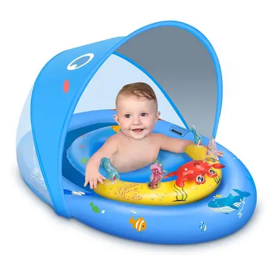 (Blue) Baby Swim Float with Sunshade and Toy Console, Inflatable Baby Swim Float with Adjustable