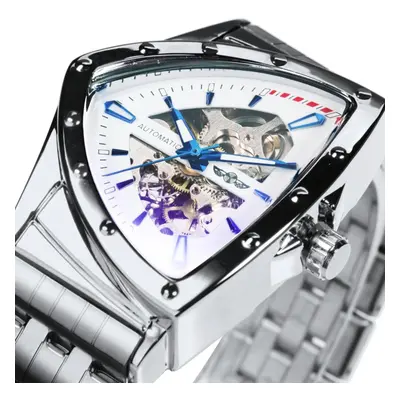 (white) Winner Triangle Skeleton Gold Black Watch For Men Automatic Mechanical Wristwatch Irregu