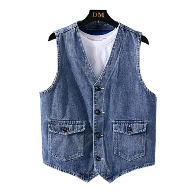 (as the picture, XL) New Men Denim Vest Jacket Fashion Loose Personality Back Strap Casual Blue 