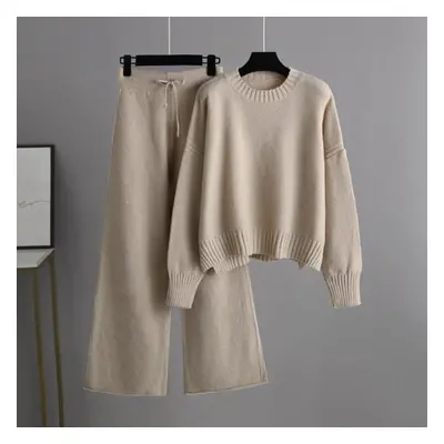 (khaki, OneSize) Autumn Winter Causal Knitted Pullover Suit Pants Women Loose Sweater Wide Leg P