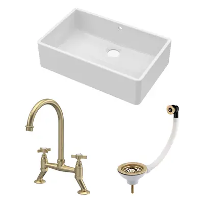 Fireclay Kitchen Bundle - Single Bowl Butler Sink with Overflow, Waste & Bridge Mixer Tap, 595mm