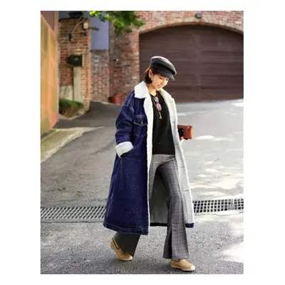 (blue, M) Winter Thicken Long Lamb Velvet Denim Trench Coat Winter Long Trench Coats For Women S